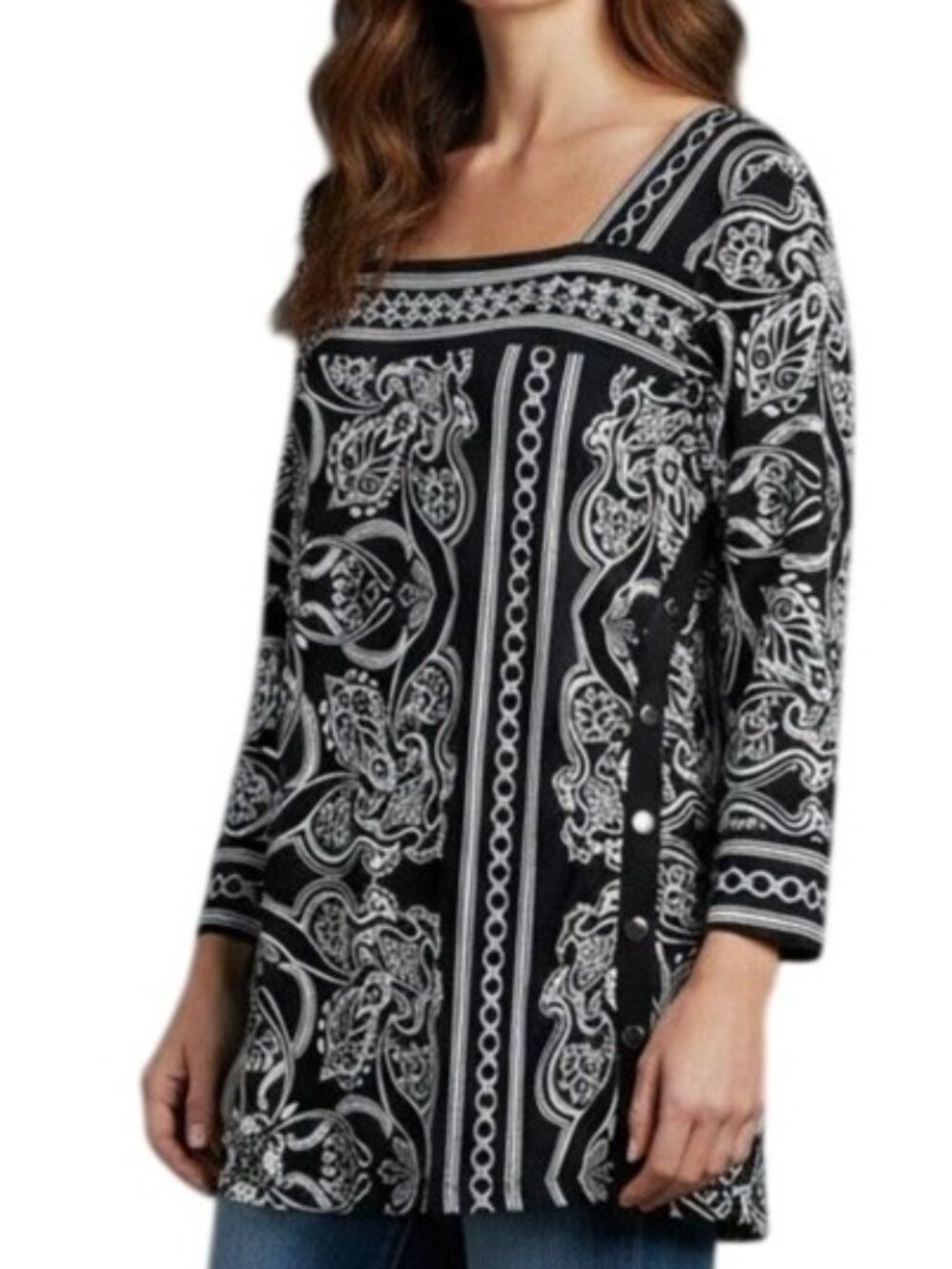 JM collection 3/4 Sleeve Black White Tunic Dress Buttons Ruching Glitzy Size L